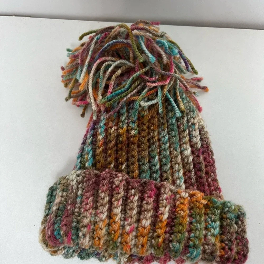 Handmade Kids Chunky Knit Beanie Multi Color Space Dye Shaggy Pom Pom Winter Hat
